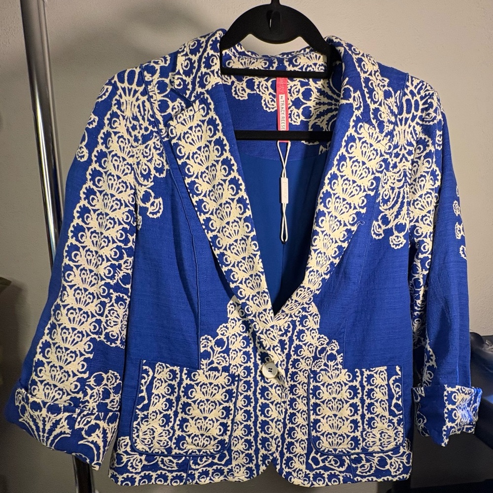 Tracy Reese Blue and Cream Patterned Blazer